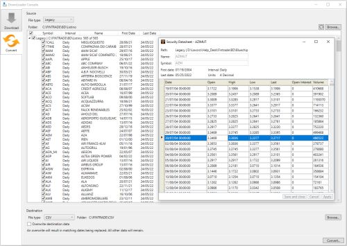 Finestra per convertire gli storici in formato excel o CSV utilizzando il Downloader di MetaStock.