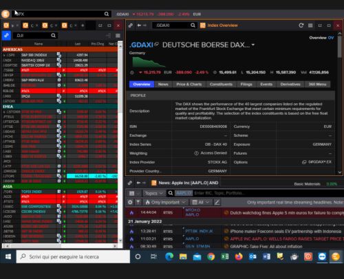 Piattaforma real time Refinitiv Xenith - Tabella con quotazioni in tempo reale indici mondiali.