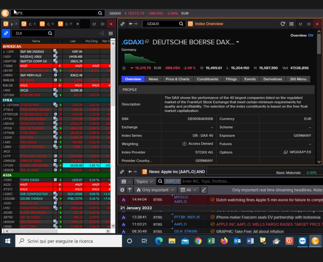 Schermata piattaforma Real Time Refinitiv Xenith con scheda indice Dax e tabella con indici mondiali