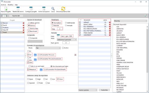 Finestra STConverter con settaggi per creare Benchmark in formato Excel e MetaStock