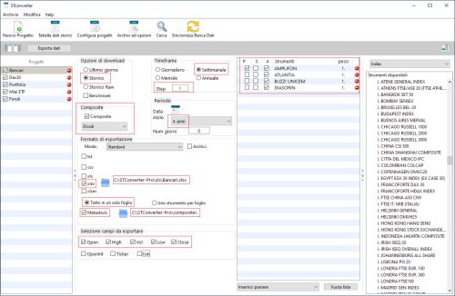 Finestra STConverter con settaggi per creare Titolo Composite in formato Excel e MetaStock