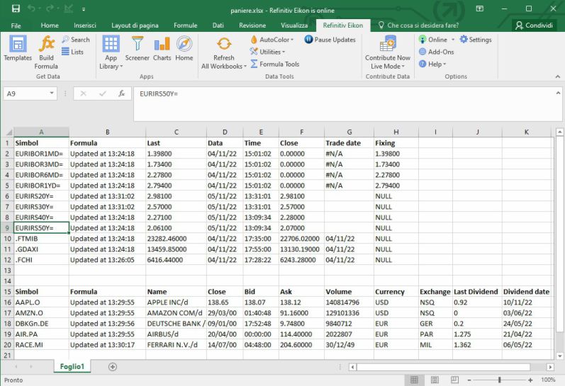 Foglio excel che si aggiorna in tempo reale tramite la piattaforma Refinitiv Xenith